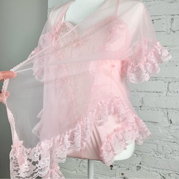 Alana Gale Intimates Nylon Pink Lace Ruffle Two Piece Teddy Robe Lingerie Set L - Picture 3 of 15